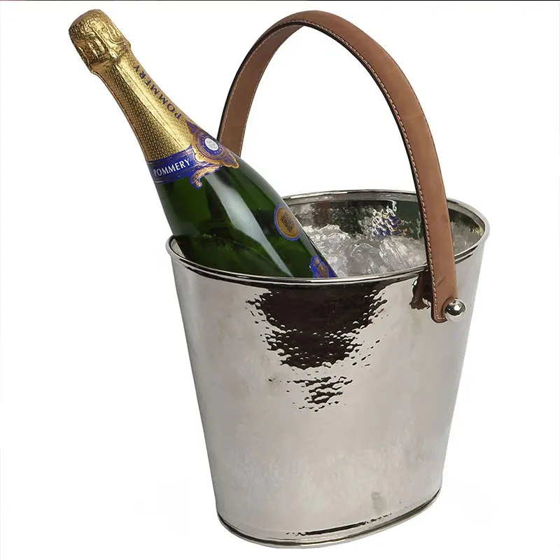 Hammered Effect Leather Handled Champagne Wine Beer and Cocktail Chiller Cooler Holder Stainless Steel Champagne Ice Bucket