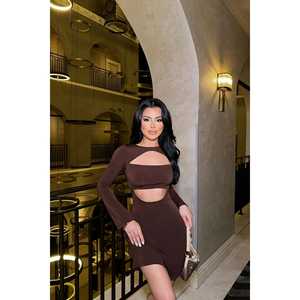 Robe décontractée marron basique à détail fenêtre, taille empire, longueur au-dessus du genou, motif imprimé, tailles XS à XL, pour le quotidien ou le sport - Product Image 5