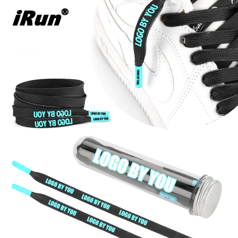 iRun Custom Rope Flat laces black polyester shoe lace with metal tips printed logo shoelace Athletic Running shoelace aglet