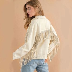Veste en jean longue pour femme en coton respirant et écologique, style streetwear décontracté vintage, délavée, effilochée, blanche, avec franges - Product Image 1