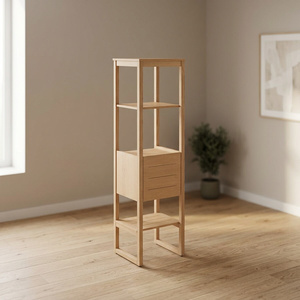 Artisanal Teak Wood Tall Bathroom Cabinet 2 Center Drawer Shelf <b>Tower</b> with Block Feet - Product Image 1