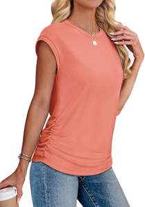 Women's 2025 Trendy Summer <b>Tops</b> Breathable Knitted Crew Neck T-Shirts with Ruched <b>Cap</b> Short <b>Sleeves</b> Casual Fashion Shirts - Product Image 3