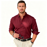 Kemeja Pria Anti-Kerut Anti-Pilling Polos Berwarna Bahan Twill Lengan Panjang 100% Poliester Kasual Kerah Turn-Down Kancing Tunggal