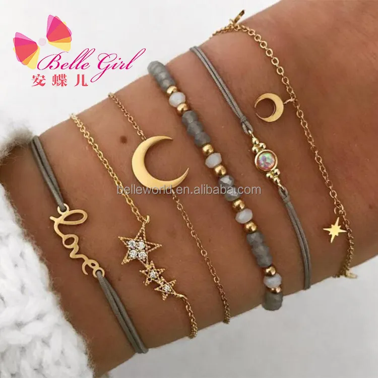 BELLEWORLD-brazaletes de amor para mujer, pulsera de cuentas de Luna brillante, Estrella hecha a mano, conjunto de pulsera, cadena india y pulseras de eslabones, 6 uds.