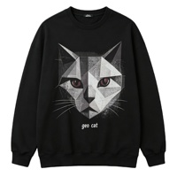 Sweat-shirt à manches longues Kornit DTG, motif tête de chat géométrique polygonal craquelé, imprimé textuel Geo Cat, style minimaliste et décontracté, coupe ample, haut streetwear décontracté