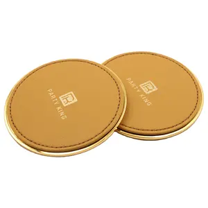 Professionele Nieuwe Hotel Hardware Plain Leather Thee Koffie Cup Mat Coaster Met Logo Afdrukken Drinken Gold Metal Leather Coaster