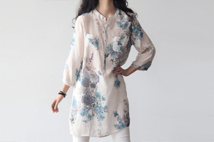 Camisa de Mujer para Otoño, con Cuello de Lazo Floral, Botones, Tejida, Ecológica, Transpirable, de Algodón y Lino, Manga Tres Cuartos, Estampado Descolorido - Product Image 5