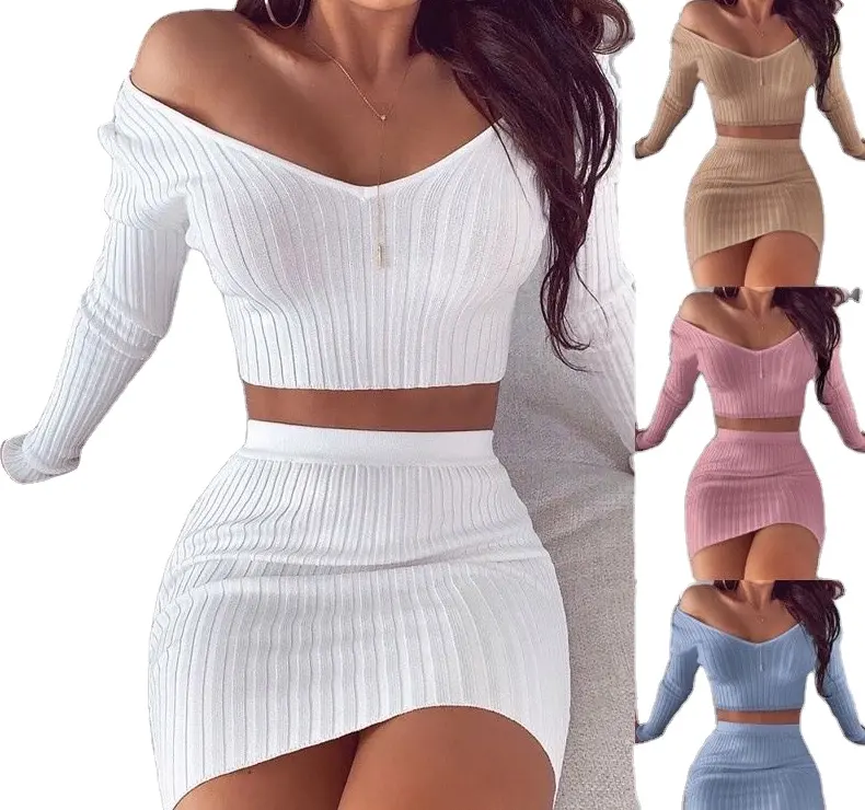 2022 summer ribbed knitted two piece ladies skirt set custom long sleeve v neck sweater top and bodycon skirt women's skirt suit