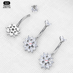 Anneau de nombril en titane G23, forme de fleur, 1,6 mm, 10 mm, bijoux de piercing avec zircon - Product Image 4