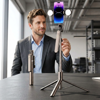 Nouveau bâton de selfie pliable 180 cm à 4 axes avec cardan rotatif, double anneau lumineux LED, trépied et support de téléphone en acier inoxydable