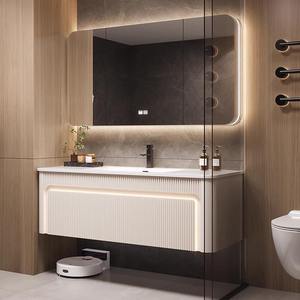 Mobile Bagno Moderno di Lusso Scanalato Personalizzato da Parete <span class=keywords><strong>con</strong></span> Lavabo Integrato in Ceramica e Armadietto a <span class=keywords><strong>Specchio</strong></span> LED - Product Image 4