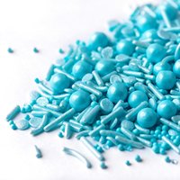 Mélange de vermicelles comestibles bleu ciel uni, perles de sucre multiformes bleu pastel, disques scintillants, décorations comestibles