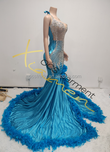 MF Satin Print Sparkly Rhinestone <b>Ball</b> Gown <b>Crystal</b> Halter Backless Tassel Feather Prom Evening Dress with Slit - Product Image 5