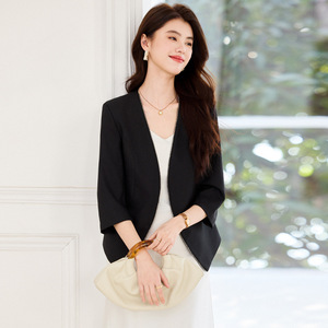 Women's Blazer Black 3/4 Sleeve Lightweight Breathable Solid Color Suit Top Elegant Office Wear - Product Image 4