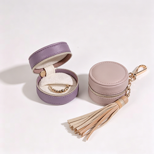 Round Leather Jewelry <b>Box</b> With Zipper Closure Tassel Pendant Purple Pink Storage Case For Rings Necklaces Earrings - Product Image 1