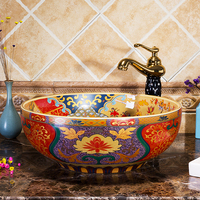 Luxe Famille Rose Art Bassin Céramique Comptoir Lavabo Rond Coloré Évier Salle De Bains Moderne Toilette Lavabo En Céramique