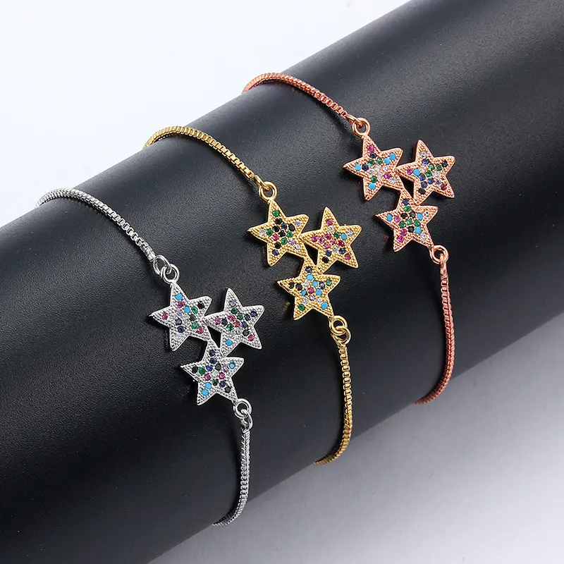 Pulseira para mulheres, moda banhada a ouro colorido cristal tripe estrela pulseira deslizante zircônia cúbica ajustável cz estrela pulseiras para mulheres jóias