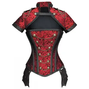 Corset Korset Steampunk Gothic Memotong Bustier Vintage Hitam Merah Bunga Atas untuk Wanita Lengan Pendek Pakaian Kostum