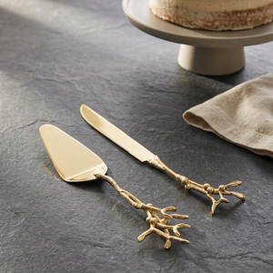 Juego de cuchillo y espátula para pastel de acero inoxidable dorado con mango en forma de rama, 2 piezas, elegante cubertería para postres para bodas y fiestas - Product Image 3