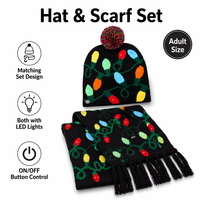 Set Topi dan Syal Natal LED Custom OEM, Rajutan Lembut dengan Pom Pom, Syal Senada, Kostum Pesta Natal Musim Dingin, Set Hadiah