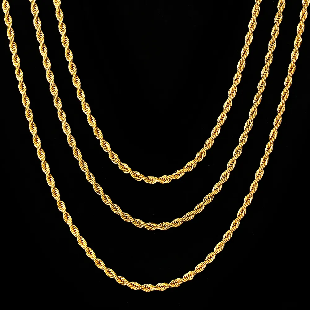 Kalung Pilin baja tahan karat berlapis emas 18K, Perhiasan Wanita Pria 3mm isi emas padat tali rantai potongan berlian