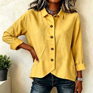 White Textured Women Blouse <b>Asymmetric</b> <b>Hem</b> Button Up Shirt Long Sleeve Casual Office <b>Top</b> - Product Image 3