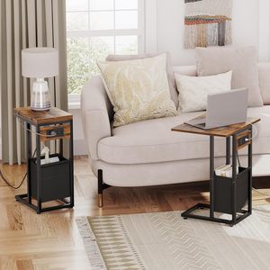 Foldable Side <b>Table</b> With Storage Basket Coffee Brown <b>C</b> <b>Shaped</b> Desk For Bedroom And Living Room - Product Image 4