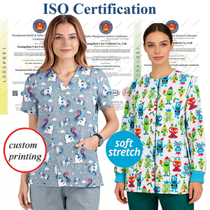 Custom Printed <strong>Scrub</strong> <strong>Tops</strong> Medical Spandex Dobby Fabric Unisex Long /Short Sleeve Cartoon High Quality Nursing Uniform Set - Product Image 4