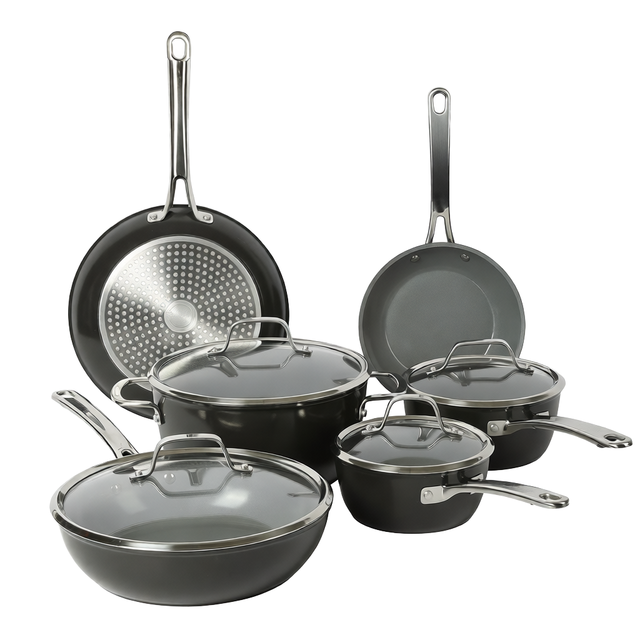 Sur La Table Kitchen Essentials PFA-Free for Titanium Ceramic Non-Stick Forged Aluminum Cookware Set 10-Piece Black Induction