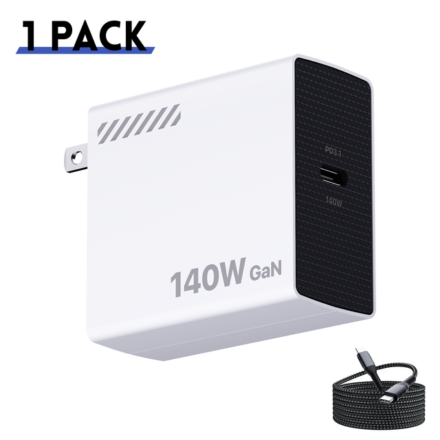 140W GaN ABS Charger PD 3.1 Fast Charging USB-C US Plug Wall Adapter with 1m Cable 50/60Hz for Laptop & Phone