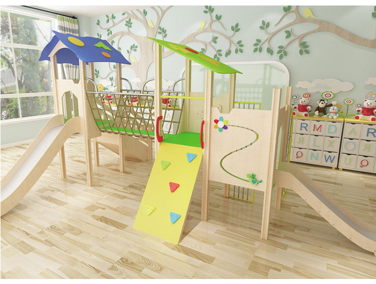 Aire de jeux intérieure en bois avec toboggans