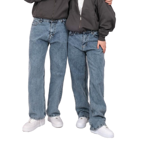 Jeans Modernos de Moda en Azul Hielo, Estilo Urbano Personalizado, Vintage, Holgados, de Invierno y Otoño, Lavado Medio, Pierna Ancha, 5 Bolsillos, 100% Algodón para Hombre - Product Image 1