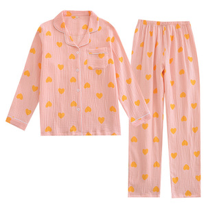 <span class=keywords><strong>Pigiama</strong></span> Estivo in Cotone Crepe per Donne, Set con Motivo a <span class=keywords><strong>Cuori</strong></span> e Colletto, Comodo Completo in Garza di Cotone per Casa - Product Image 3