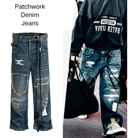 Jeans en denim délavé taille mi-haute pour hommes et femmes, style streetwear, avec franges, patchwork et rubans – Vente en gros