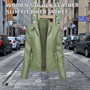 Chaqueta de Cuero para Mujer, Cierre de Cremallera, Diseño Ajustado, Cuello en V, Bolsillos Elegantes, Estilo Moderno para Otoño - Product Image 2