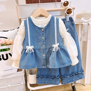 Conjuntos de Ropa para <span class=keywords><strong>Niñas</strong></span> de Primavera y Otoño, Chaleco Vaquero con Lazo de Encaje, Camisa de Manga Larga de Gasa y Jeans con Volantes, Conjuntos de 3 Piezas de Mezclilla para Niños - Product Image 5