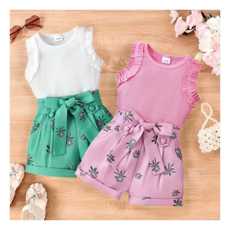 Ms-410 Baby Girls Clothing Sets 6-12 18-24 Month 3-4 Years Vest Top+Floral Shorts Wholesale Children Clothes for Summer 2024