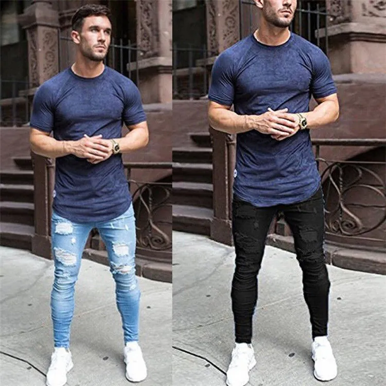 Mens Solid Color Jeans 2021 New Fashion Slim Pencil Pants Sexy Casual Hole Ripped Design Streetwear trousers