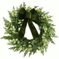 Corona Navideña de 55 cm/21.65 pulgadas con Hojas de Eucalipto y Lazo de Terciopelo para Puerta Principal, Pared, Repisa, Decoración Navideña, Venta al por Mayor