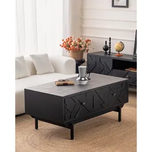 Classic light retro house living room furniture black solid wood coffee table living room with drawers
