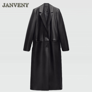 JANVENY 2024 Nuovo Cappotto in <span class=keywords><strong>Ecopelle</strong></span> Sopra il Ginocchio Primavera-Autunno da Donna <span class=keywords><strong>Nero</strong></span> con Risvolto Versatile Ampio <span class=keywords><strong>Trench</strong></span> in Pelle Artificiale - Product Image 1