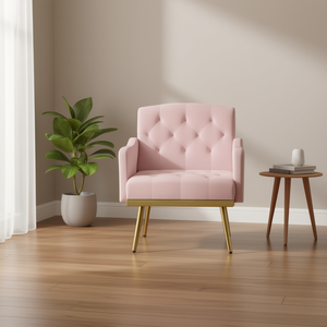 Poltrona da Soggiorno in Velluto Rosa con Gambe in Metallo, Schienale Trapuntato, Design Moderno - Product Image 2