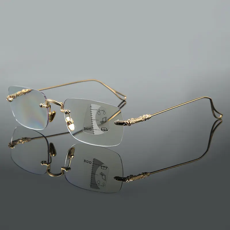 新しいファッションメタルシンプルレトロフレームレス老眼鏡マルチフォーカスアンチブルーライト老眼メガネ