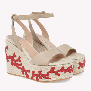 Sandales compensées à plateforme pour femmes, en toile avec applique corail, à bride cheville, bout rond, style resort, vente en gros, OEM, personnalisables - Product Image 2