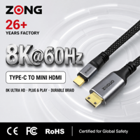 Câble USB C vers Mini HDMI 8K60Hz, adaptateur Type-C vers Mini HDMI, câble tressé avec coque en aluminium pour appareil photo, tablette, moniteur
