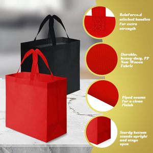 Sacs fourre-tout réutilisables en non-tissé 12,6 x 6,3 x 11,8 pouces rouge et noir pour les courses, les événements commerciaux - Product Image 5