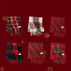 Invierno otoño Año Nuevo Navidad temática mujer bufanda roja a cuadros estilo Cachemira chal tradicional hecho poliéster Hashi marca - Product Image 2