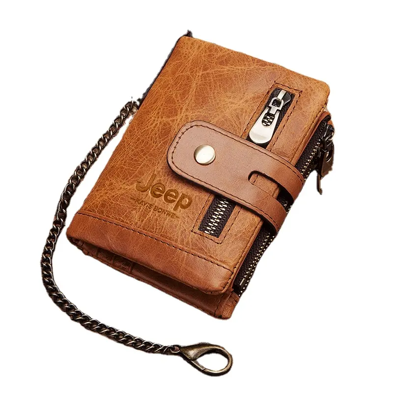 New Genuine Crazy Horse Leather Men Wallets Credit Business Card Holders Double Zipper Cowhide Leather Wallet Purse Carteira