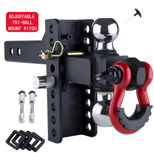 Adjustable Heavy-Duty Trailer Hitch Tri-Ball Mount With Locks Pin and Tow Shackle Fits 2-in Receiver