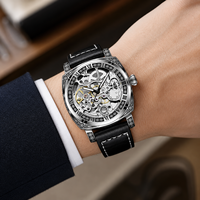 Jam Tangan Pria Logam Dial Berukir Vintage Mekanis Otomatis Penuh Model Openwork Dua Sisi Baru 42mm 30M Tali Kulit